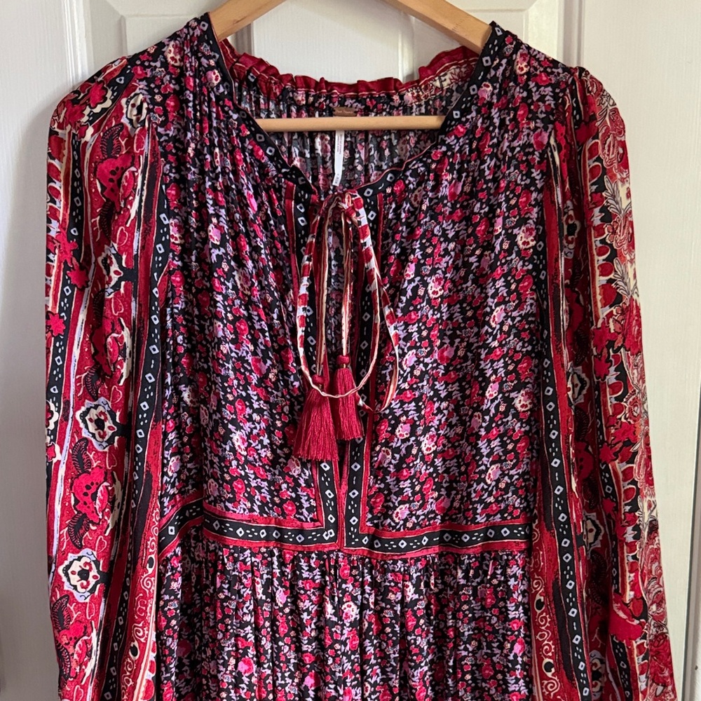 Free People Red & Black Floral Tassel Tie-Front Maxi Dress